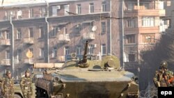 Armenia -- Armenian troops and APCs patrol the streets of Yerevan, 02 March 2008