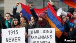 France -- Armenian protesters demonstrate near the European Court of Human Rights in Strasbourg, January 28, 2015