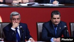 Armenia - President Serzh Sarkisian (L) and Prime Minister Tigran Sargsian attend a conference of the ruling Repubican Party in Yerevan, 15Dec2012.