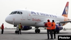 Armenia - Armavia's newly purchased Sukhoi SuperJet 100 plane at Yerevan's Zvartnots airport, 19Apr2011.