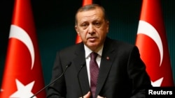 Turkey -- Turkey's President Tayyip Erdogan addresses the media at the Presidential Palace in Ankara January 12, 2015.