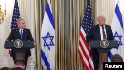 САД-Бенјамин Нетанјаху, премиер на Израел(лево) и Доналд Трамп, претседател на САД(десно) по состанокот во Белата куќа, 29.09.2025 година. 