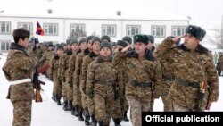 Armenia -- Soldiers march at a military unit.